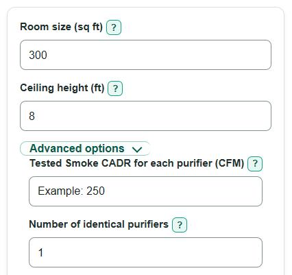 Example inputs for Air Purifier Size Calculator