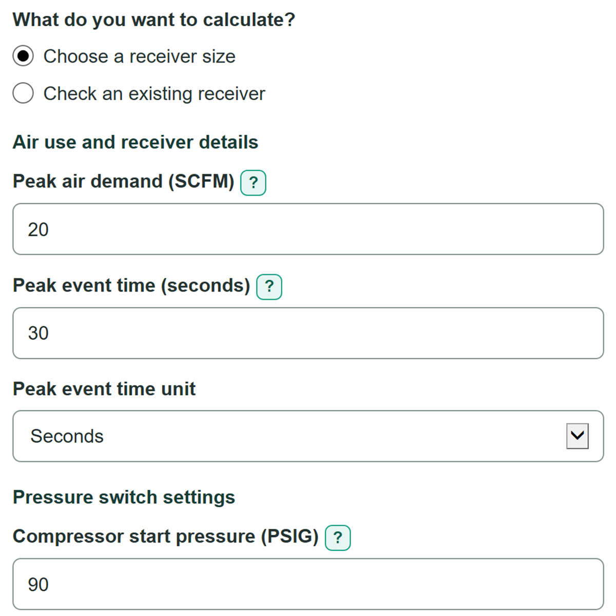 Example inputs for Air Receiver Tank Size and Compressor Cycle Time Calculator