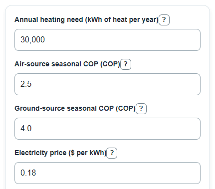Example inputs for Air Source vs Ground Source Heat Pump Calculator