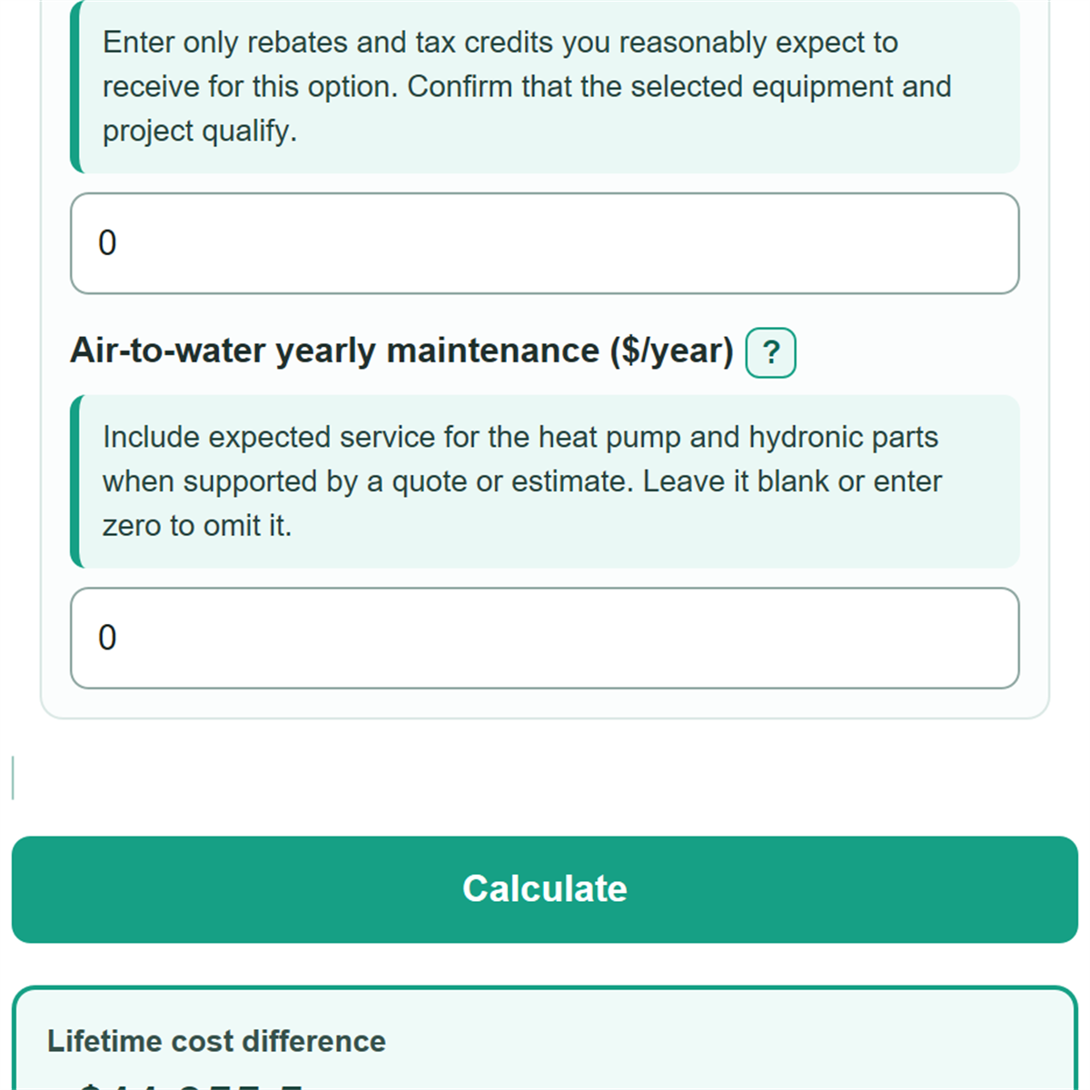 Example results from Air-to-Air vs Air-to-Water Heat Pump Lifetime Cost Calculator