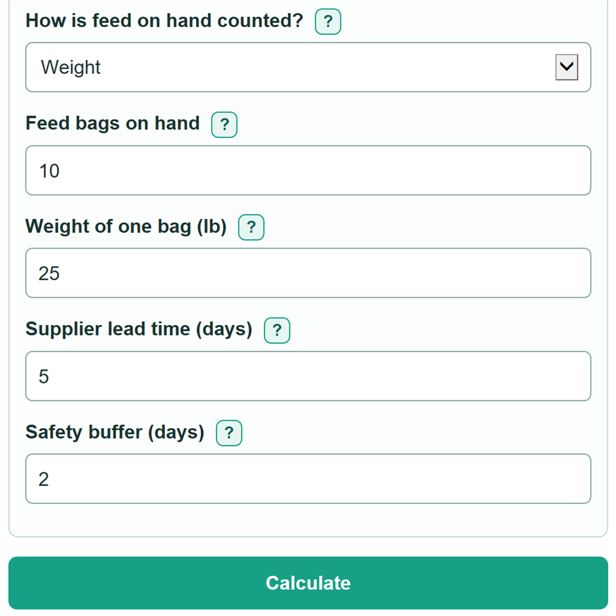 Example inputs for Aquaculture Daily Feed Ration, Inventory and Reorder Calculator