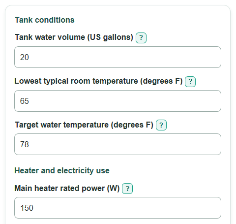 Example inputs for Aquarium Heater Size and Electricity Cost Calculator