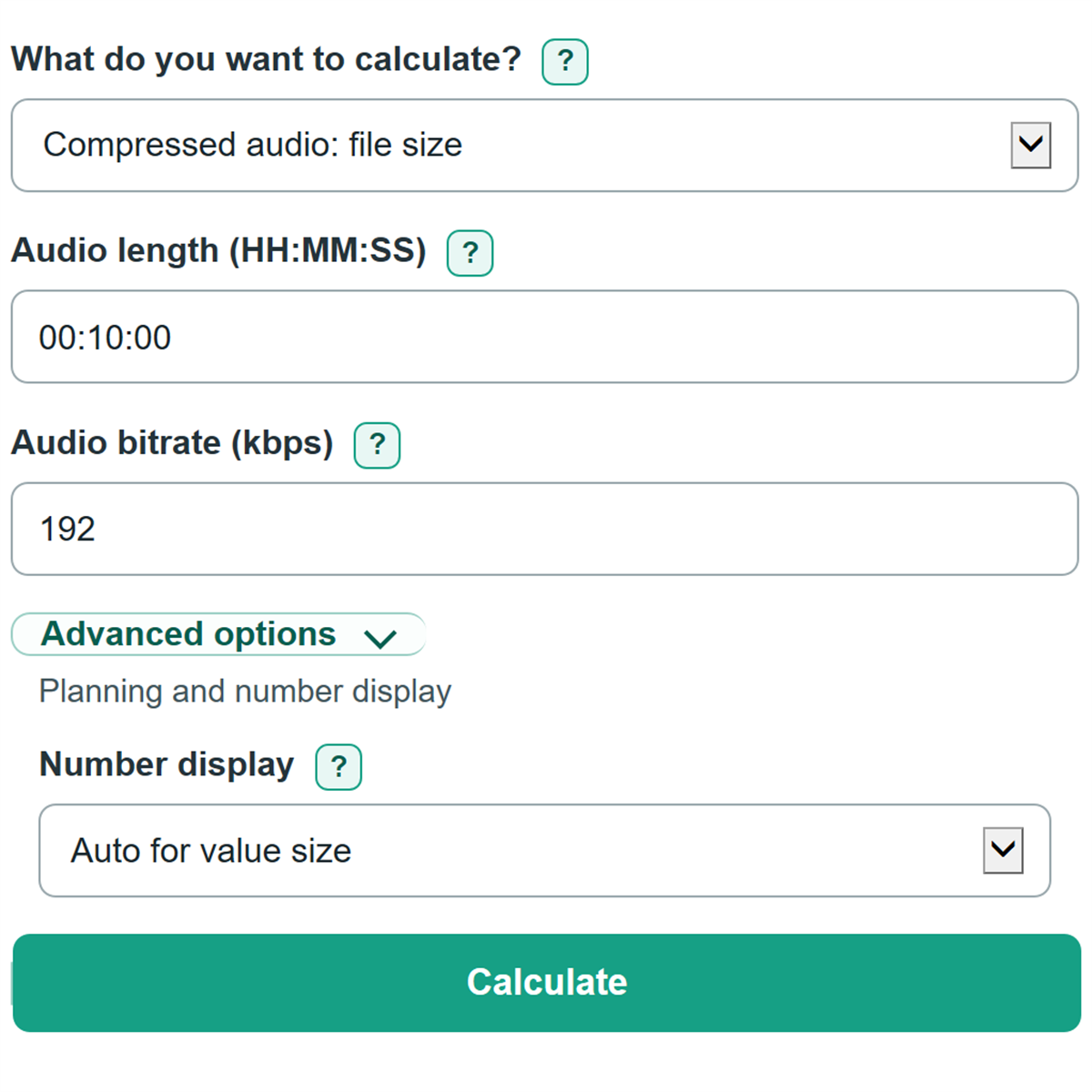 Example inputs for Digital Audio File Size, Bitrate and Recording Time Calculator