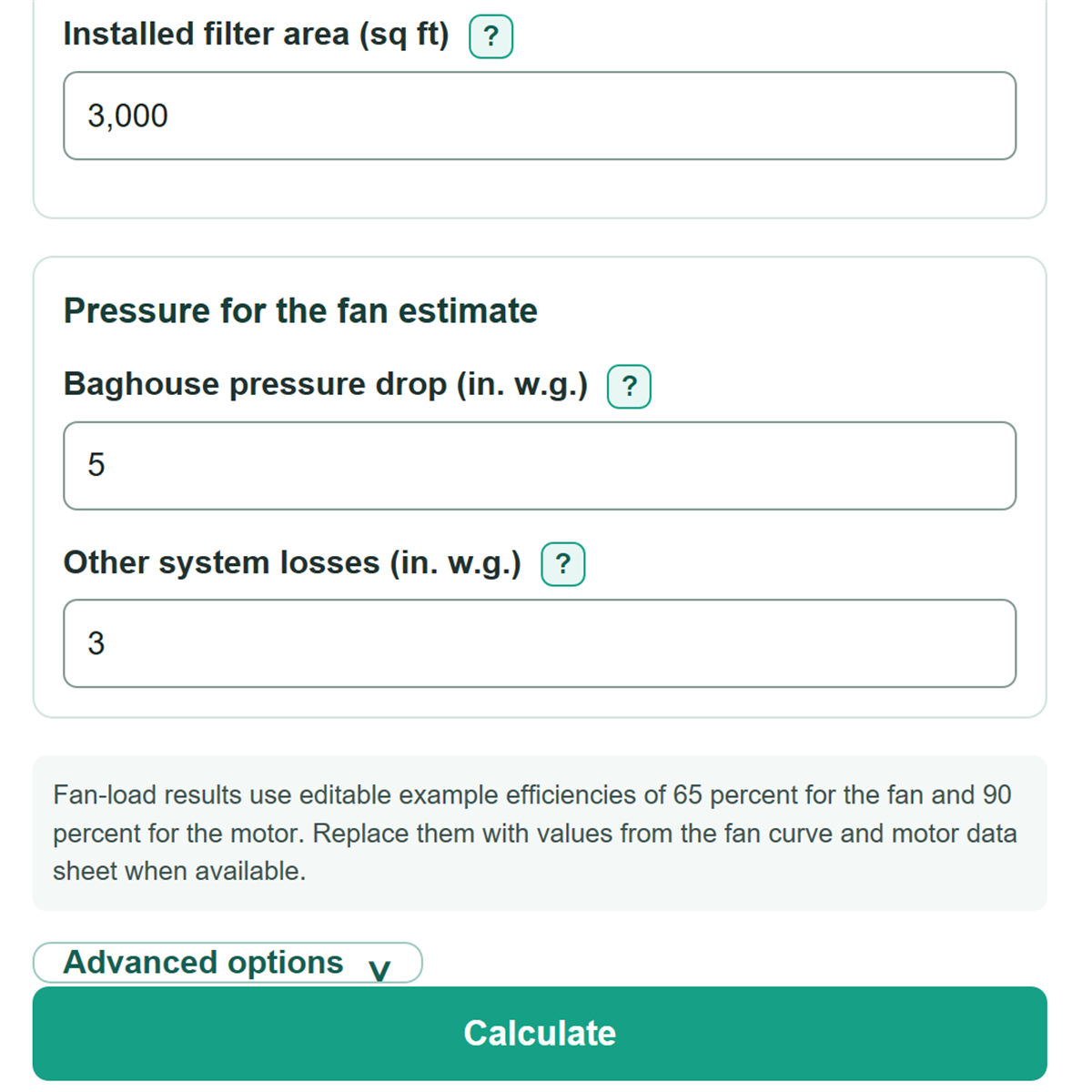 Example inputs for Baghouse Air-to-Cloth Ratio, Filter Area and Fan Load Calculator