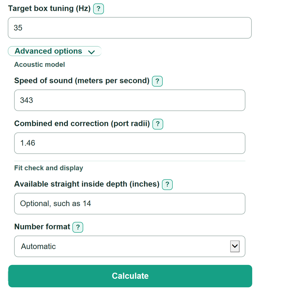 Example inputs for Bass Reflex Port Length and Enclosure Tuning Calculator
