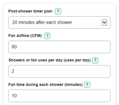 Example inputs for Bathroom Exhaust Fan Heat Loss Cost Calculator
