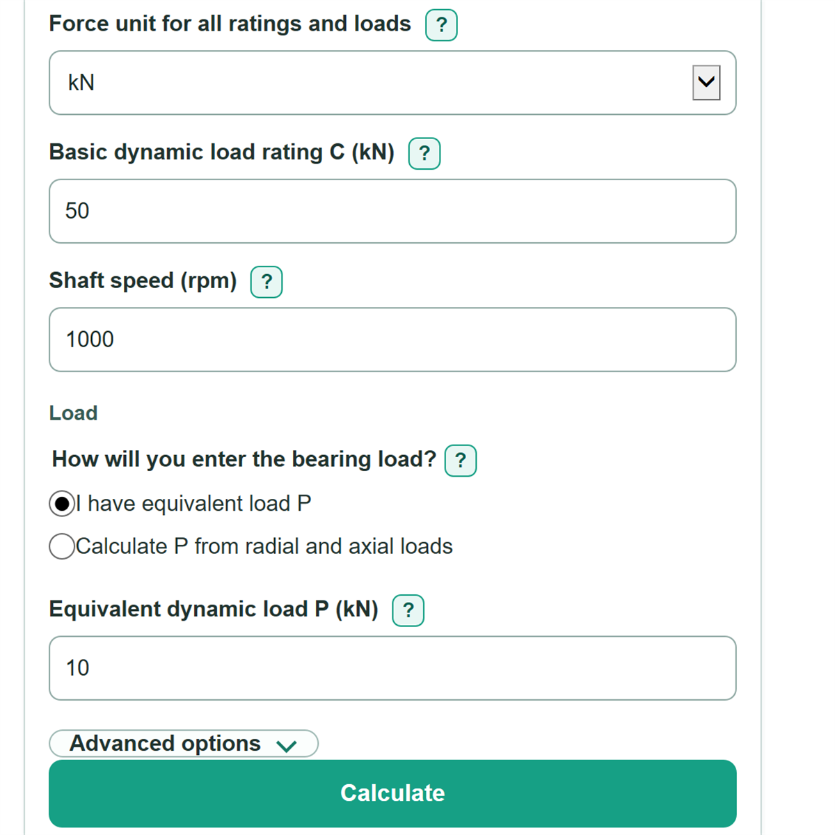 Example inputs for Bearing L10 Life and Load Rating Calculator