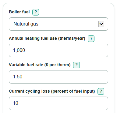 Example inputs for Boiler Short Cycling Energy Cost Calculator