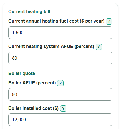 Example inputs for Boiler vs Furnace Lifetime Cost Calculator