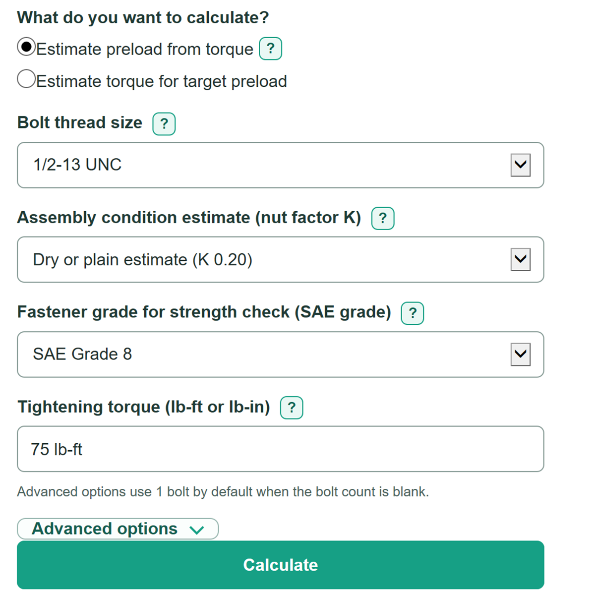 Example inputs for Bolt Torque, Preload and Clamp Force Calculator