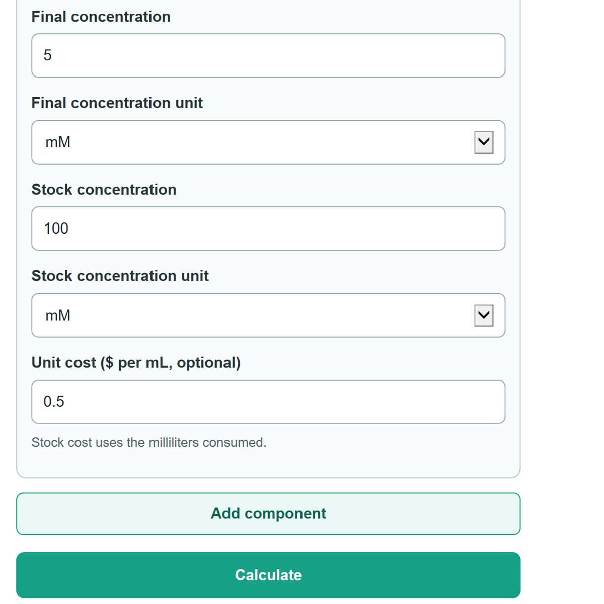Example inputs for Multi-Component Buffer Reagent Mass and Cost Calculator