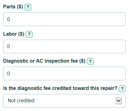 Example inputs for Car AC Repair Cost Calculator