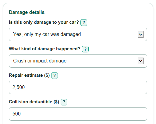 Example inputs for File a Car Insurance Claim vs Pay Out of Pocket Calculator