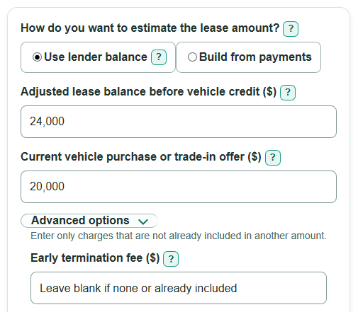 Example inputs for Car Lease Early Termination Cost Calculator