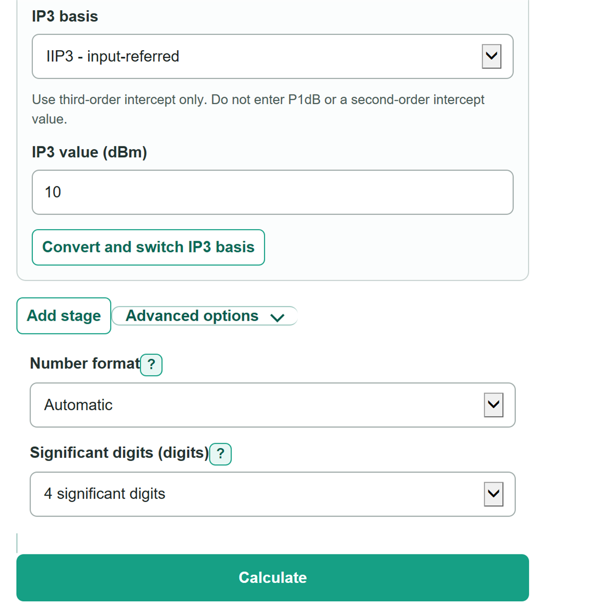 Example inputs for Cascaded RF Gain, Noise Figure and IP3 Calculator