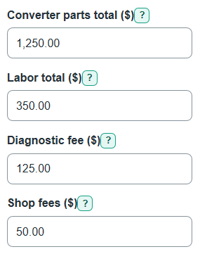 Example inputs for Catalytic Converter Replacement Cost Calculator