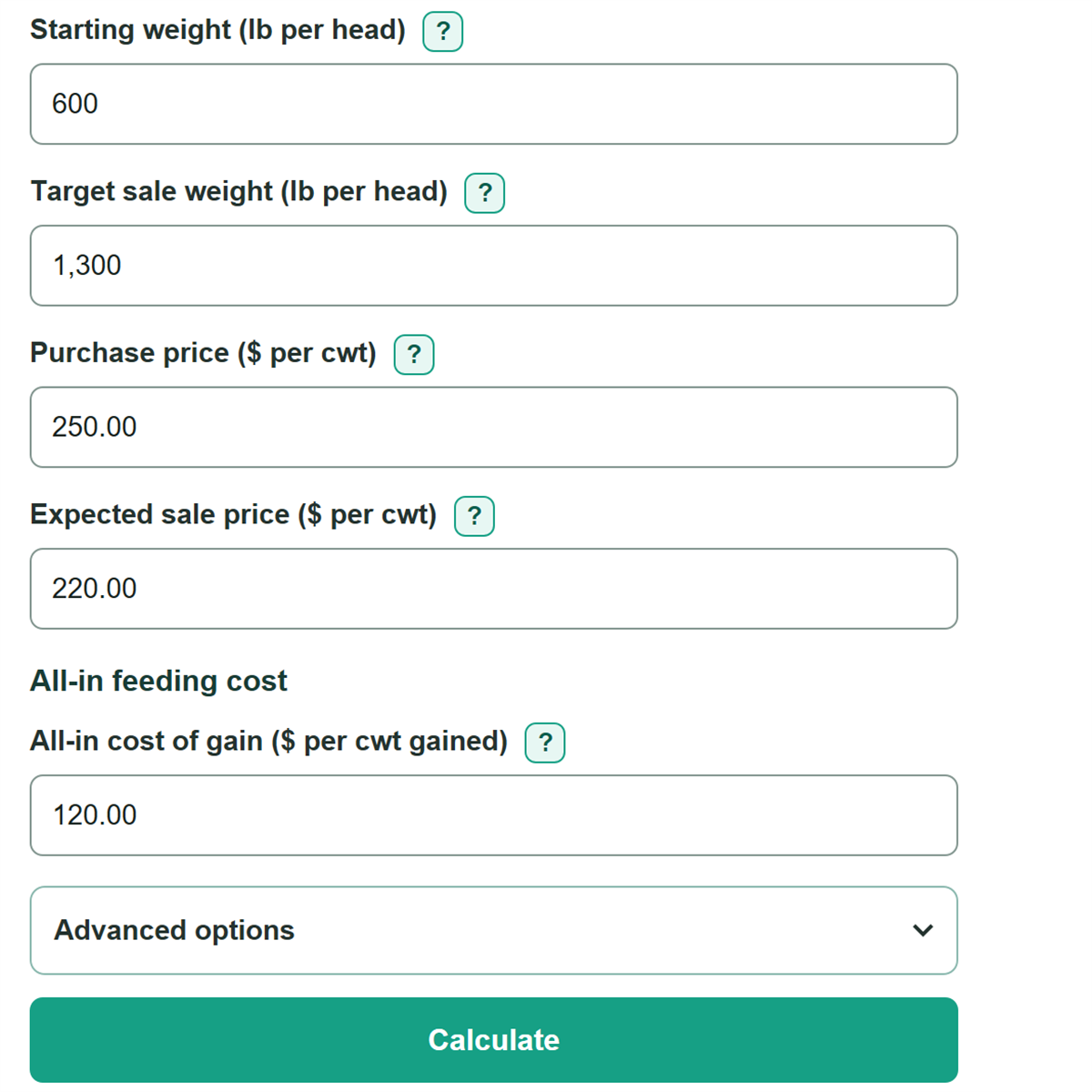 Example inputs for Cattle Feed Cost of Gain and Break-Even Price Calculator
