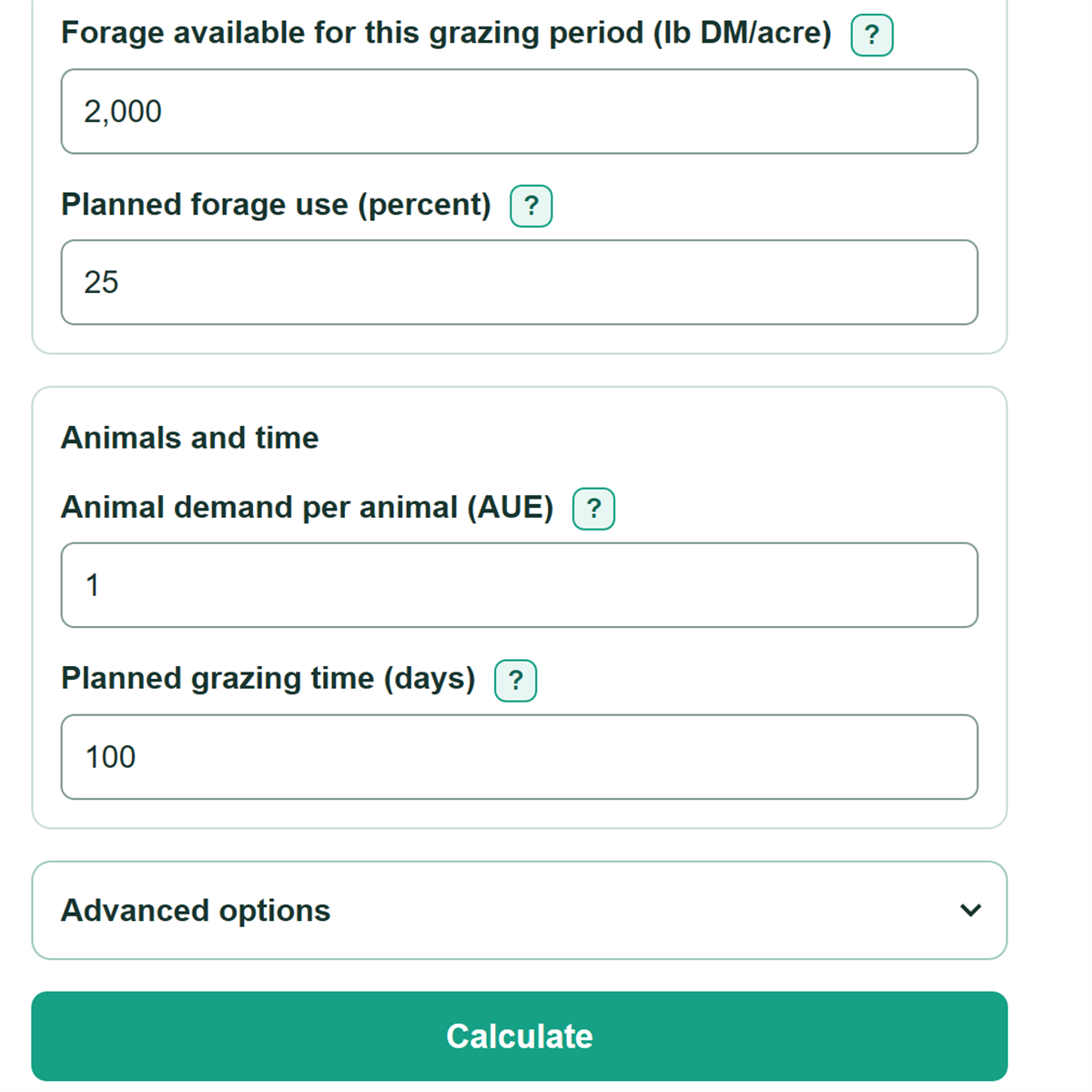 Example inputs for Cattle Stocking Rate, AUM and Grazing Days Calculator