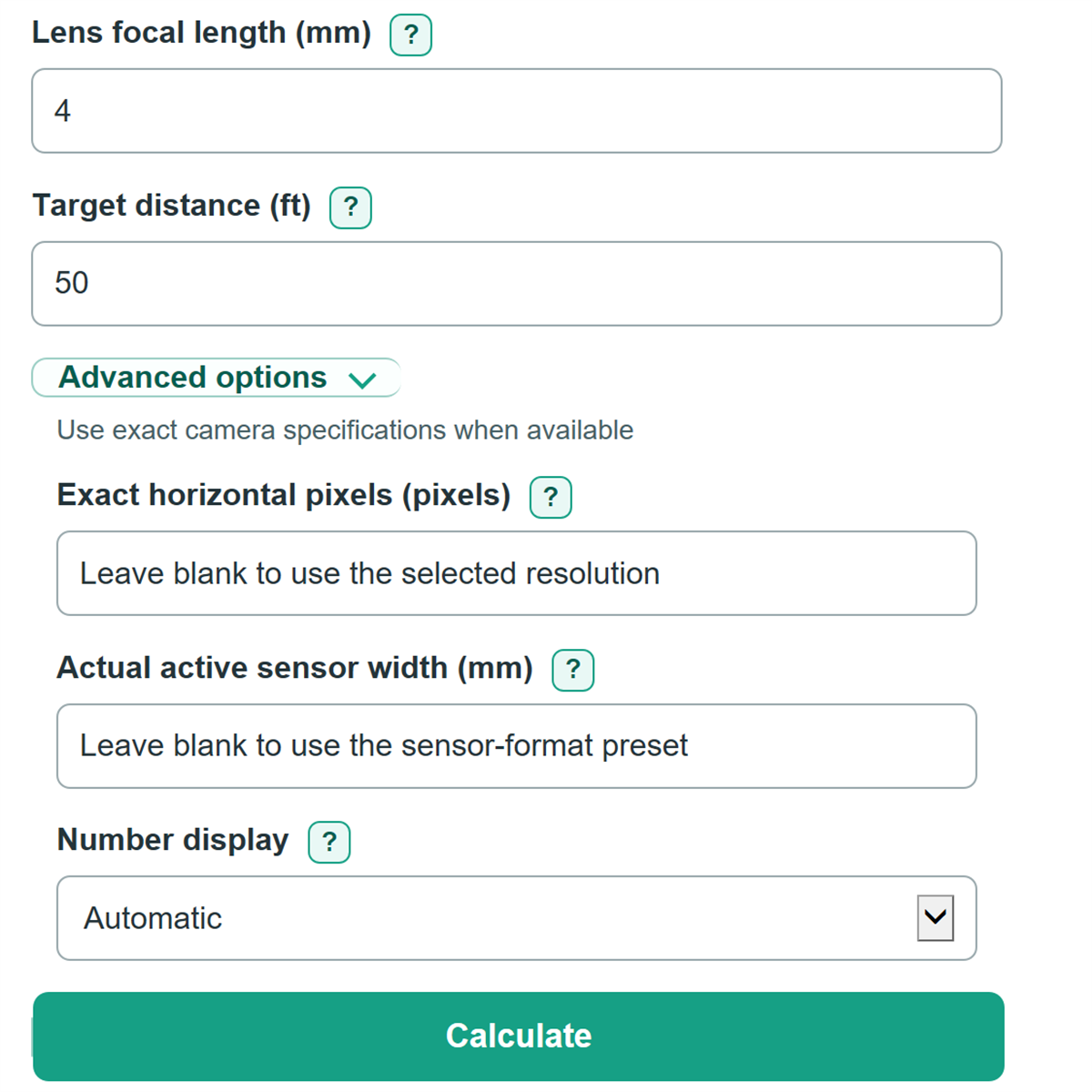 Example inputs for CCTV Pixels per Meter and Identification Distance Calculator