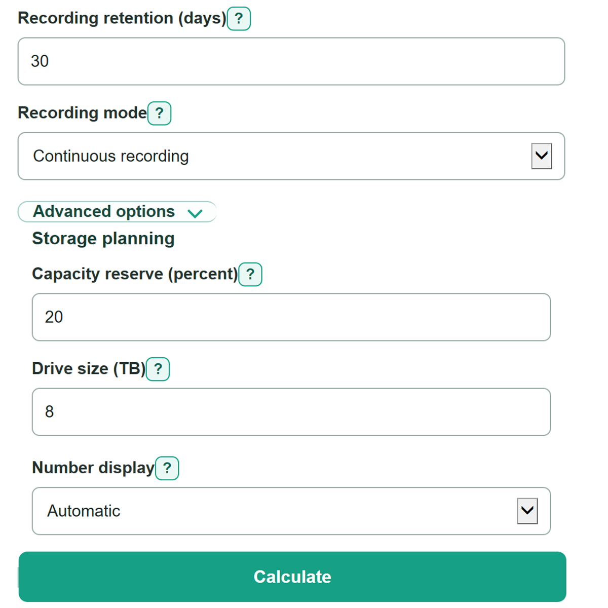 Example inputs for CCTV Storage and Recording Bandwidth Calculator