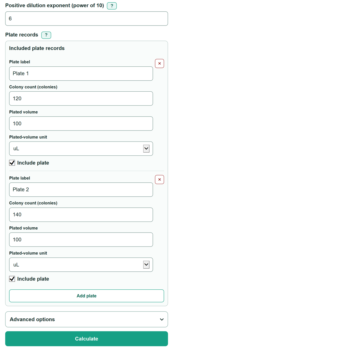 Example inputs for CFU per mL and Serial Dilution Plate Count Calculator