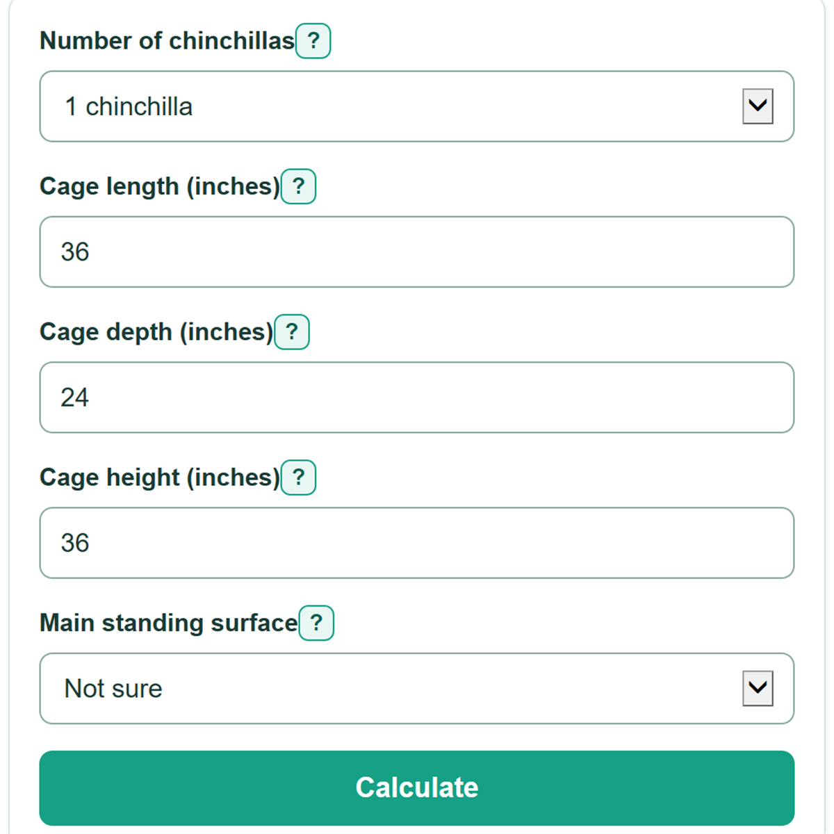 Example inputs for Chinchilla Cage Size and Floor Space Calculator