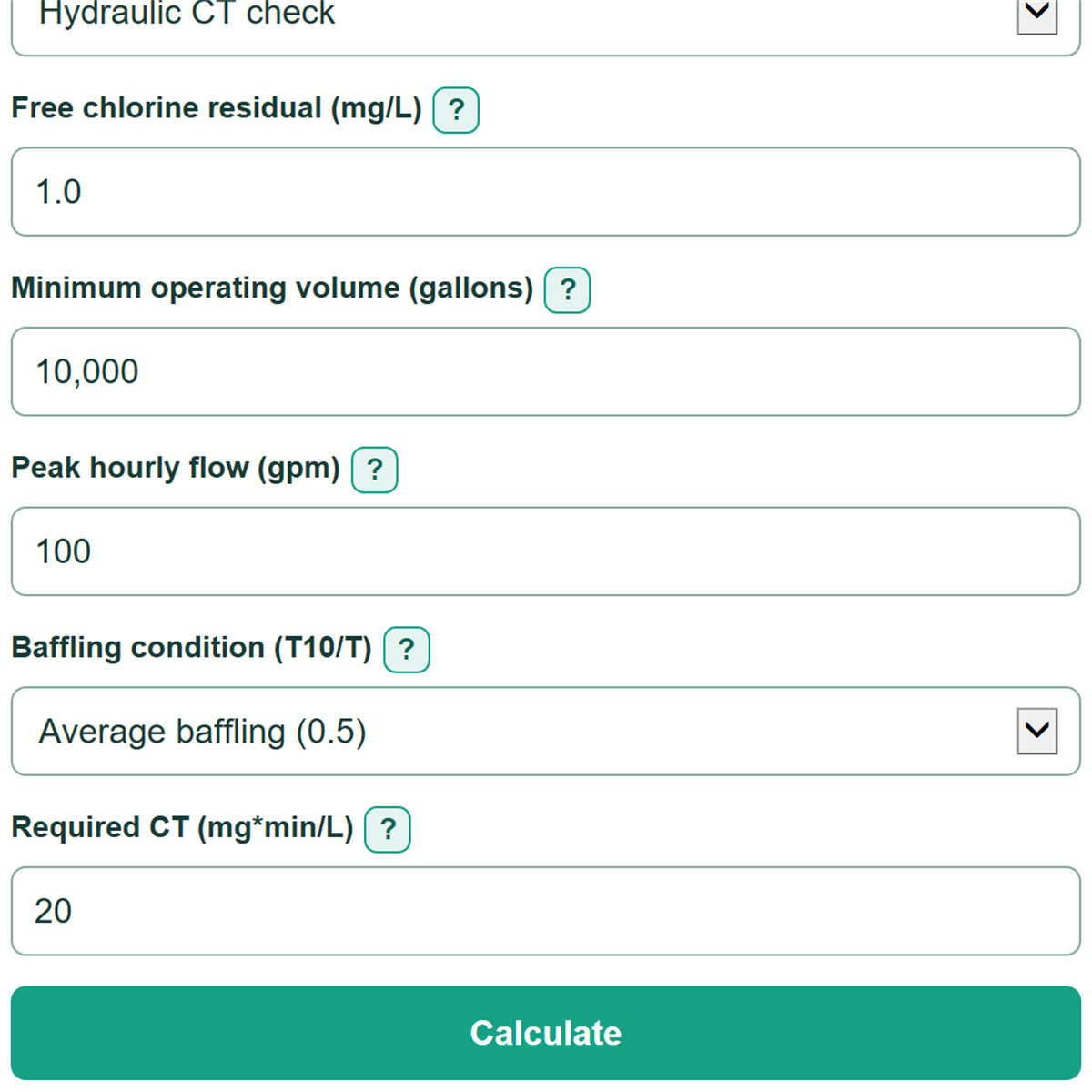 Example inputs for Chlorine CT Disinfection Calculator