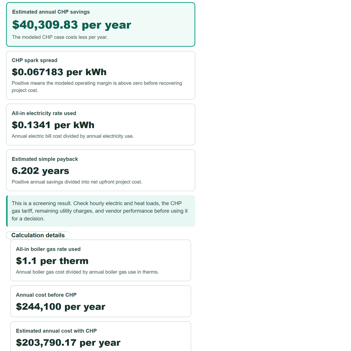 Example results from CHP Spark Spread, Savings and Payback Calculator