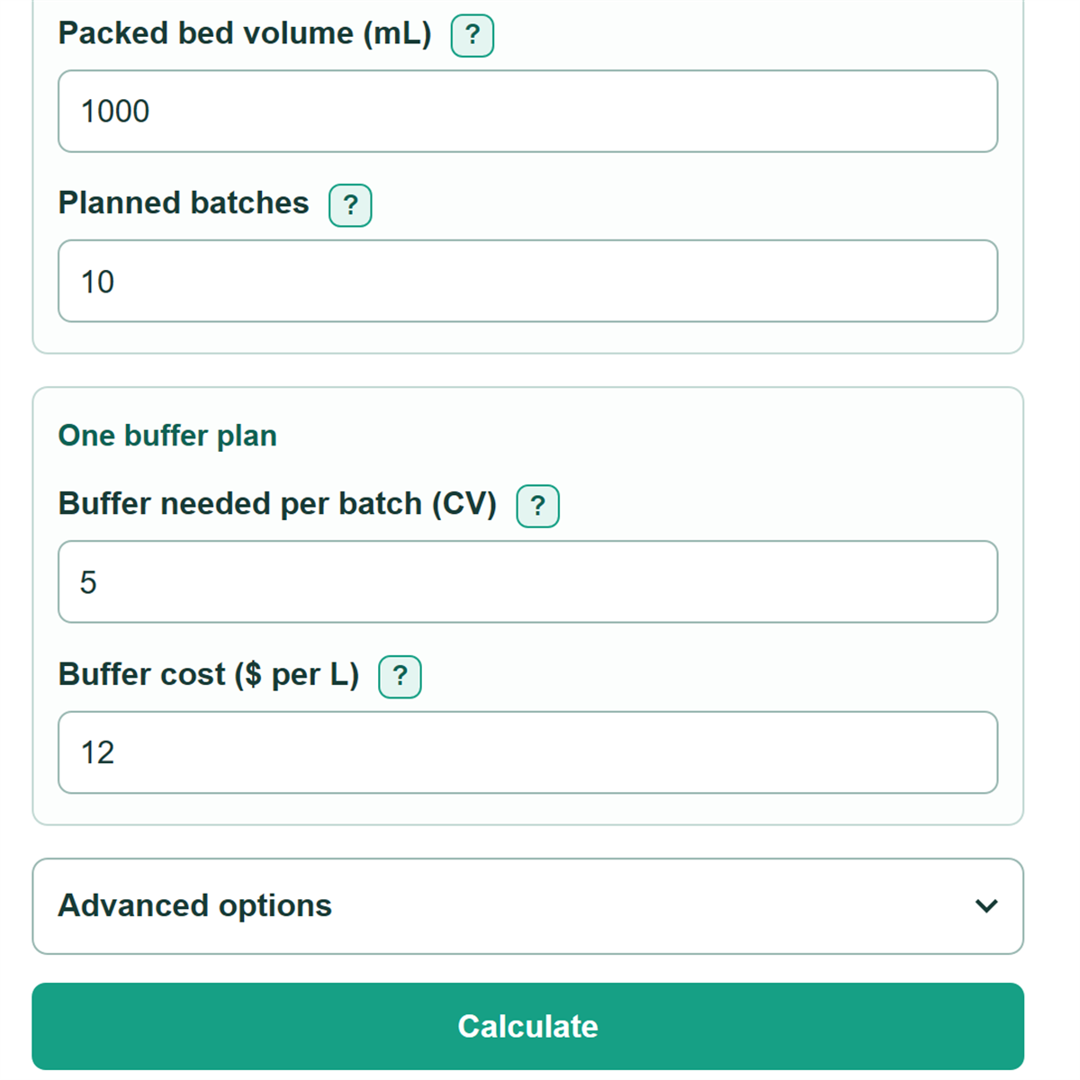 Example inputs for Chromatography Campaign Buffer and Consumables Calculator