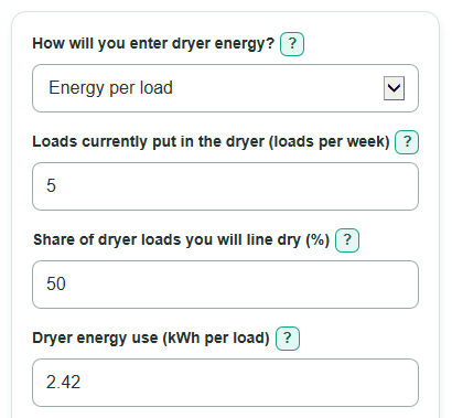 Example inputs for Clothesline vs Dryer Savings Calculator