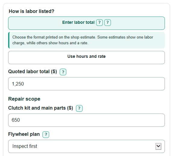Example inputs for Clutch Replacement Cost Calculator