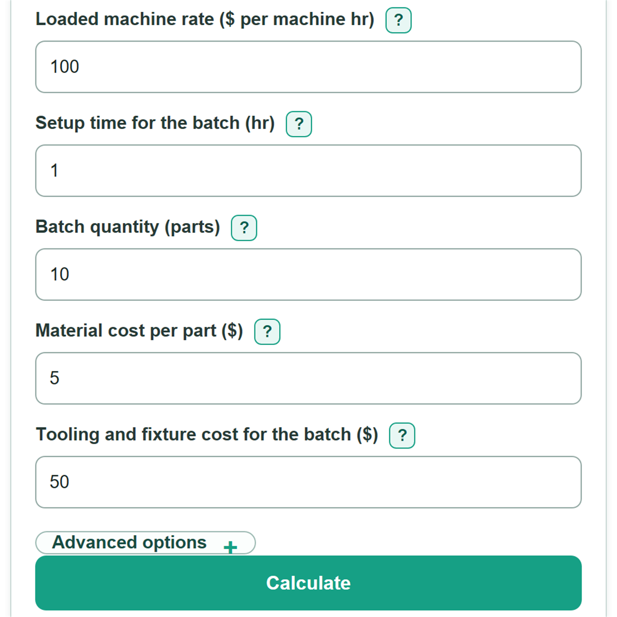 Example inputs for CNC Machining MRR, Horsepower and Cycle Cost Calculator