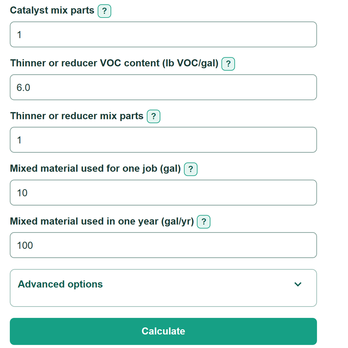 Example inputs for Coating VOC Emissions Calculator