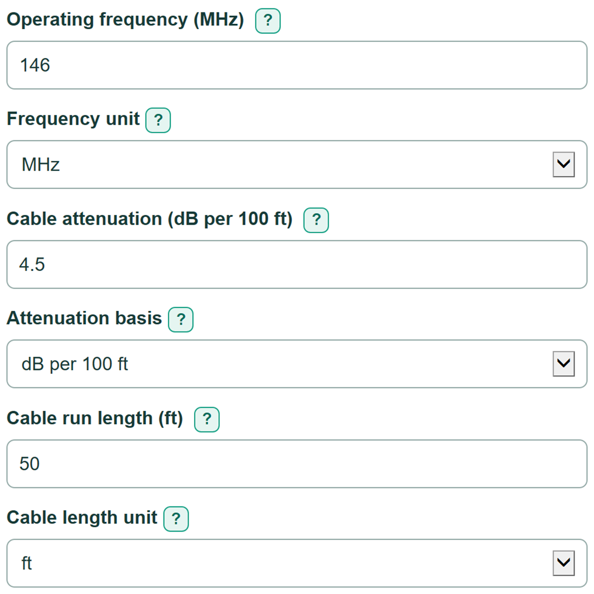 Example inputs for Coaxial Cable Loss and Power-at-Antenna Calculator