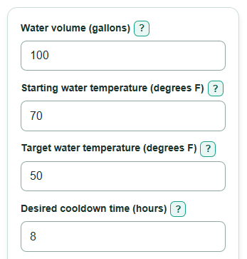 Example inputs for Cold Plunge Chiller Size and Electricity Cost Calculator
