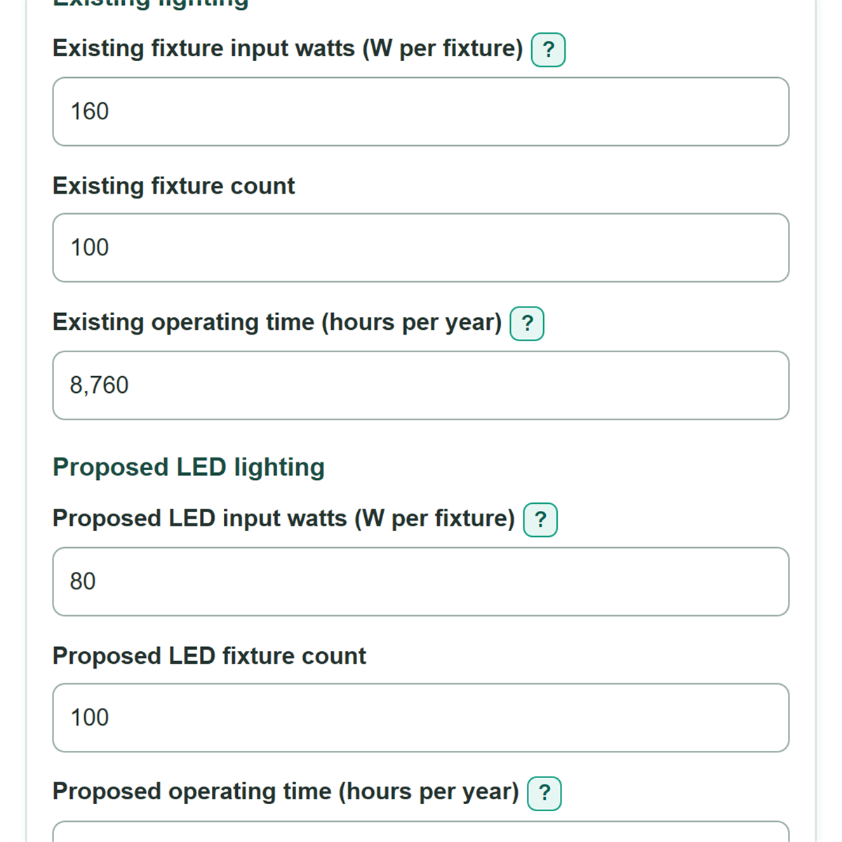 Example inputs for Cold Storage LED Savings Calculator