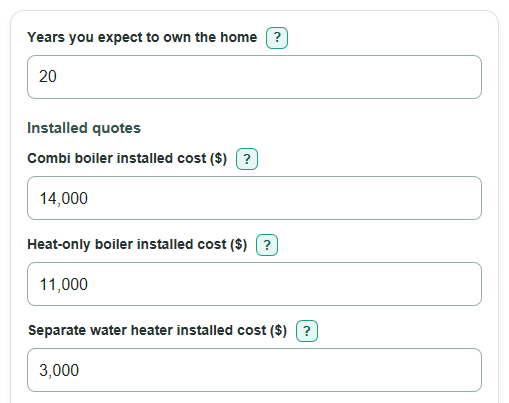 Example inputs for Combi Boiler vs Separate System Lifetime Cost Calculator
