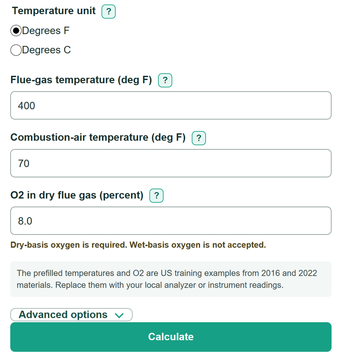 Example inputs for Combustion Excess Air, Flue-Gas O2 and Stack Loss Calculator