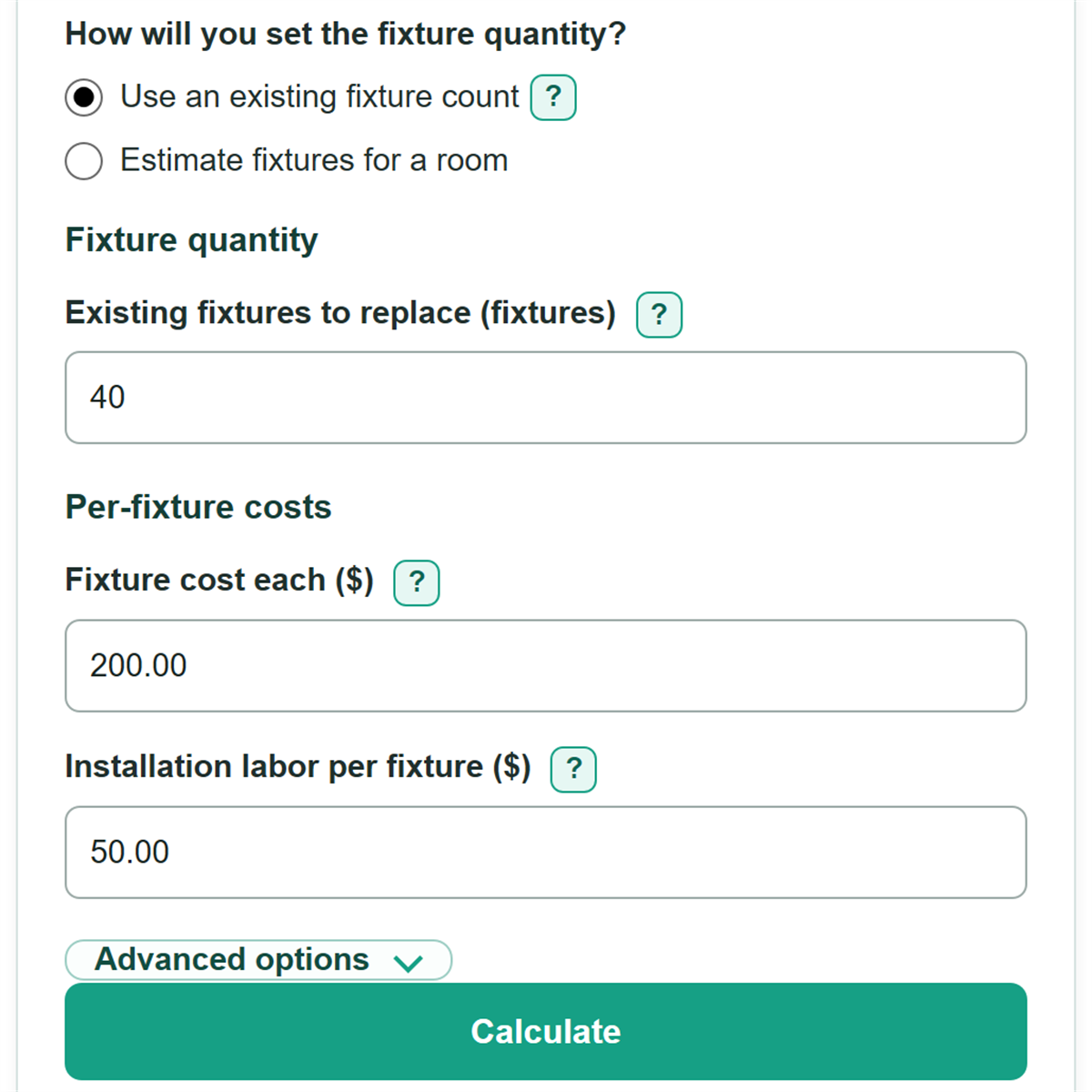 Example inputs for Commercial Lighting Fixture Cost Calculator