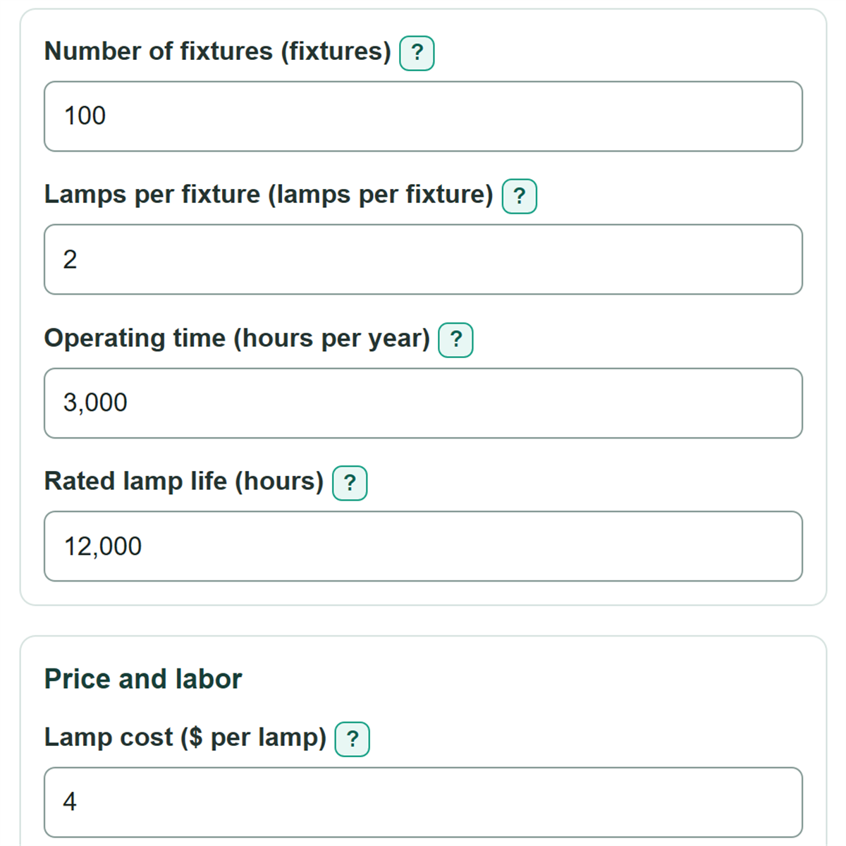 Example inputs for Commercial Relamping Cost Calculator