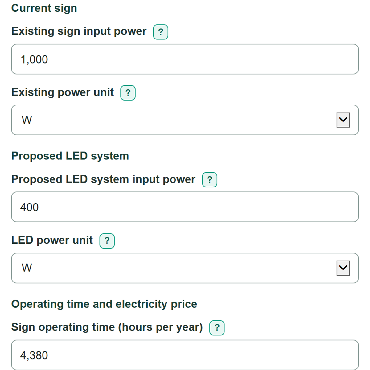 Example inputs for Commercial Sign LED Retrofit Savings Calculator