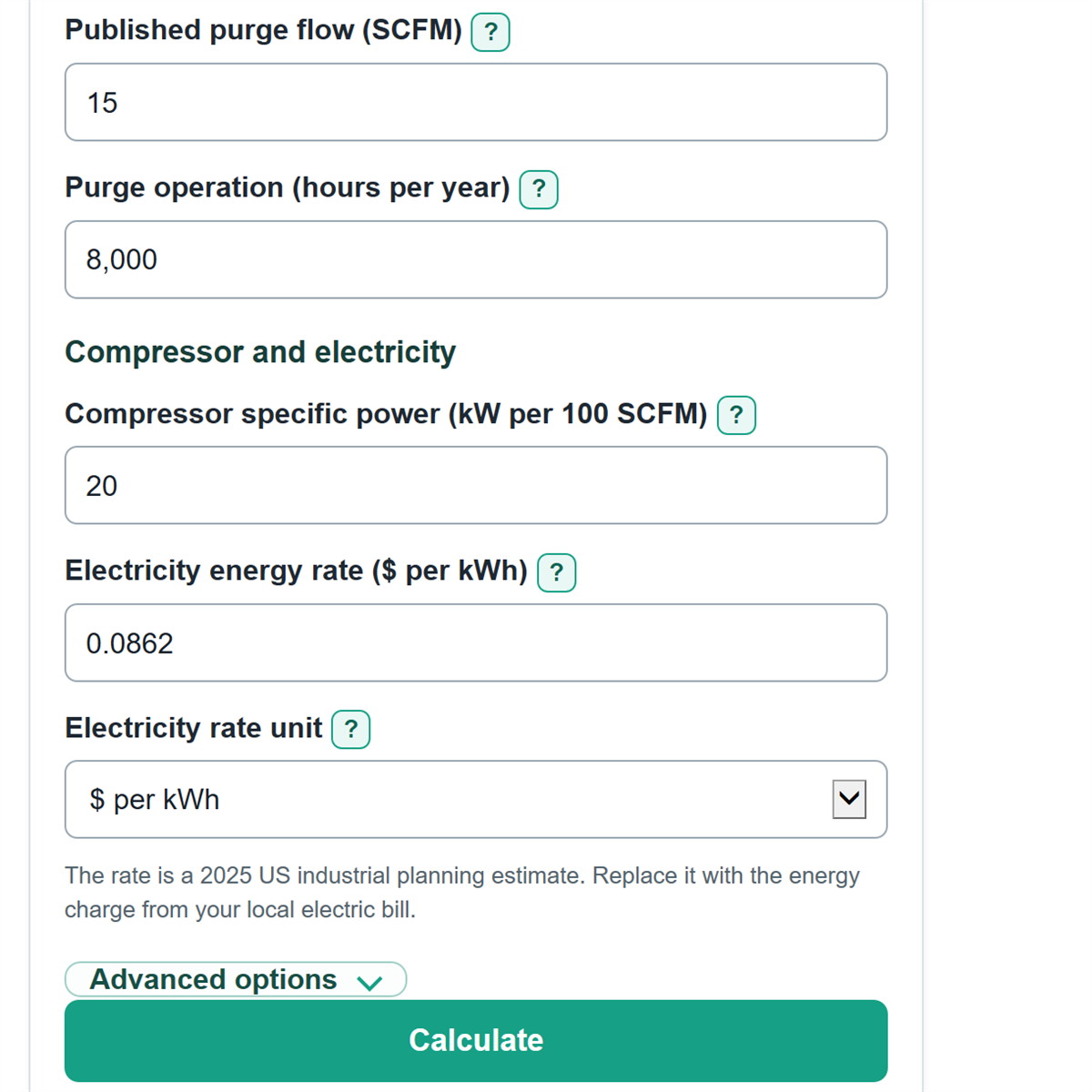 Example inputs for Compressed Air Dryer Purge Loss and Annual Energy Cost Calculator