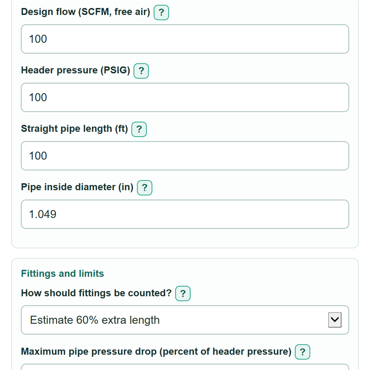 Example inputs for Compressed Air Pipe Size and Pressure Drop Calculator