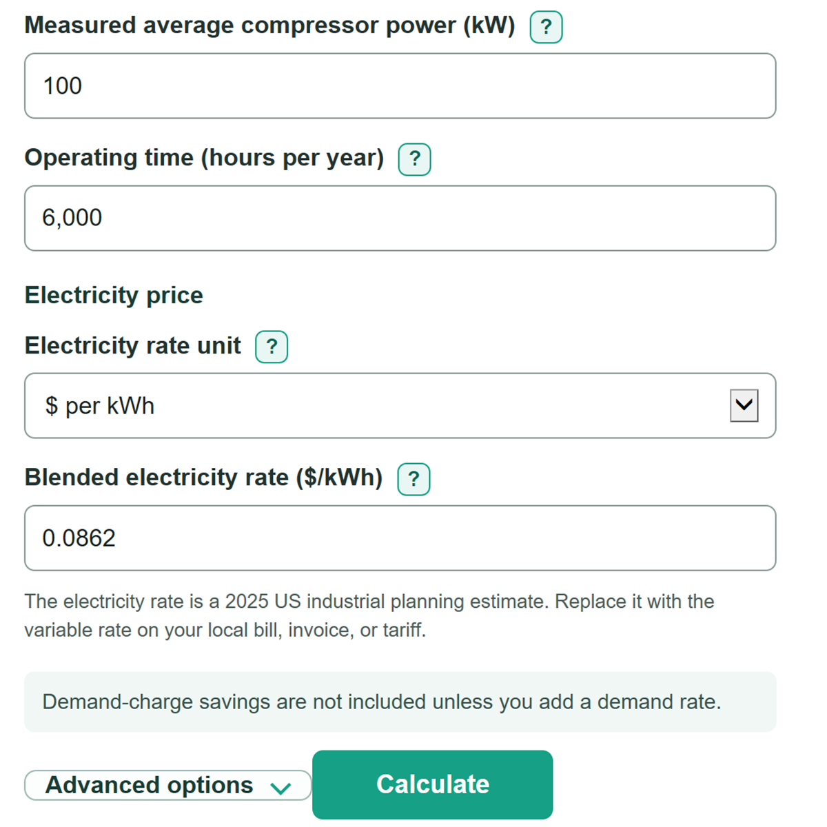 Example inputs for Compressed Air Pressure Reduction Energy Savings Calculator