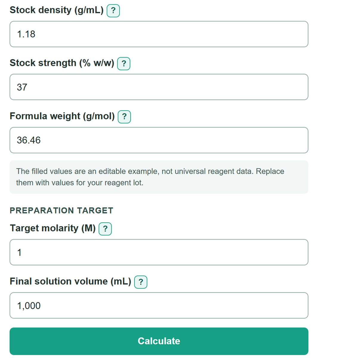 Example inputs for Concentrated Acid or Base Solution Preparation Calculator