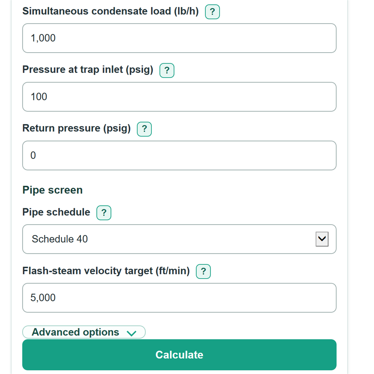 Example inputs for Condensate Return Pipe Size and Flash Steam Velocity Calculator