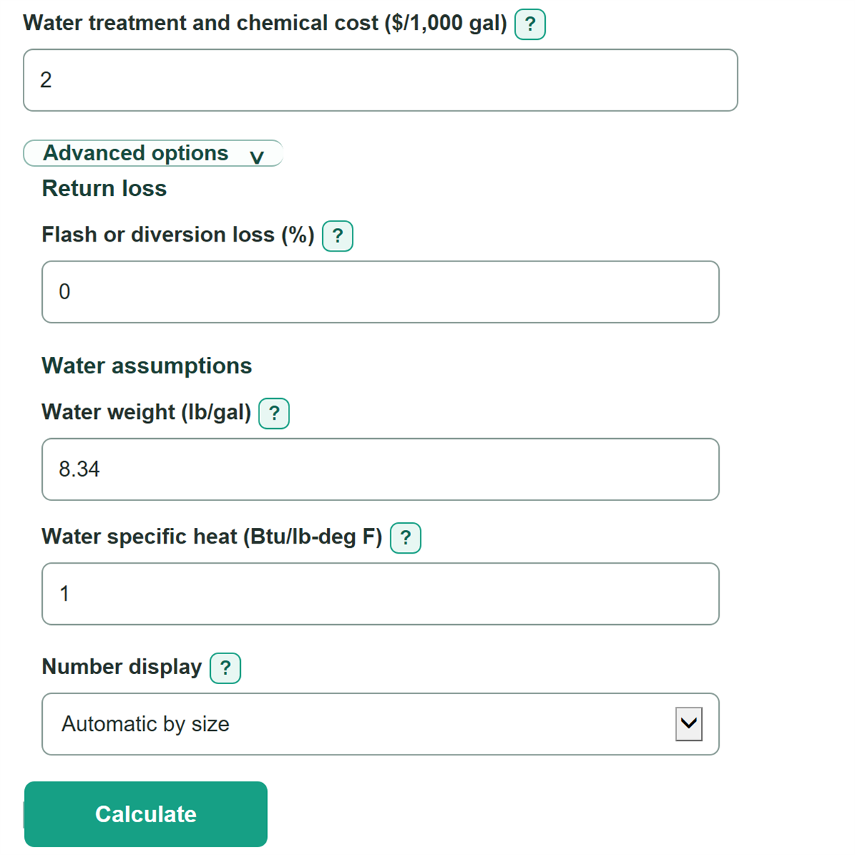 Example inputs for Condensate Return Energy and Water Savings Calculator