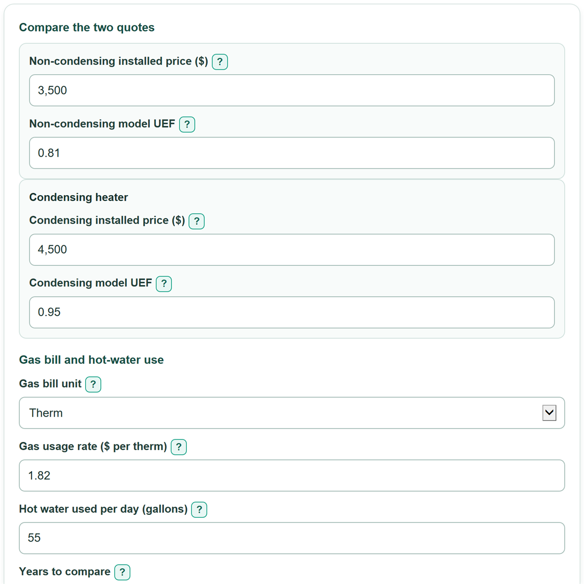 Example inputs for Condensing vs Non-Condensing Tankless Cost Calculator