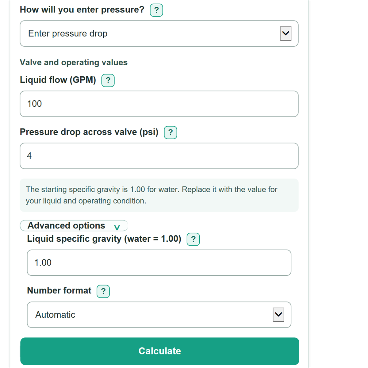 Example inputs for Control Valve Cv, Flow and Pressure Drop Calculator
