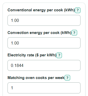 Example inputs for Convection vs Conventional Oven Energy Cost Calculator